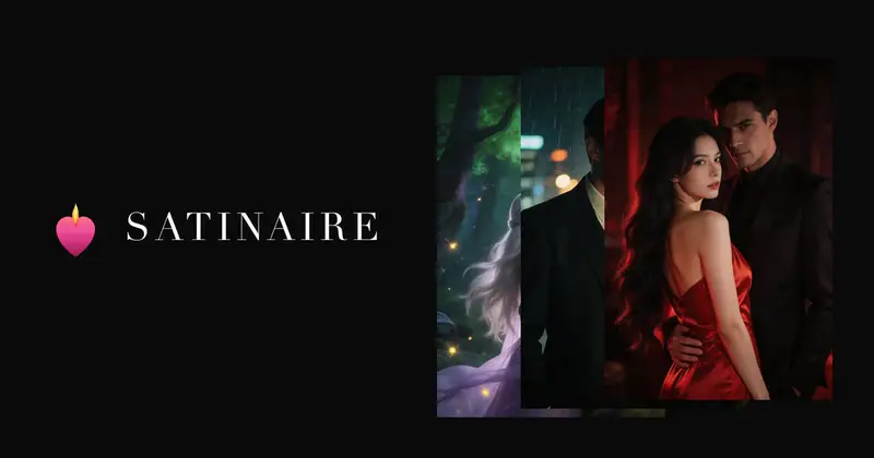 Satinaire wordmark beside illustrated romance and fantasy story covers