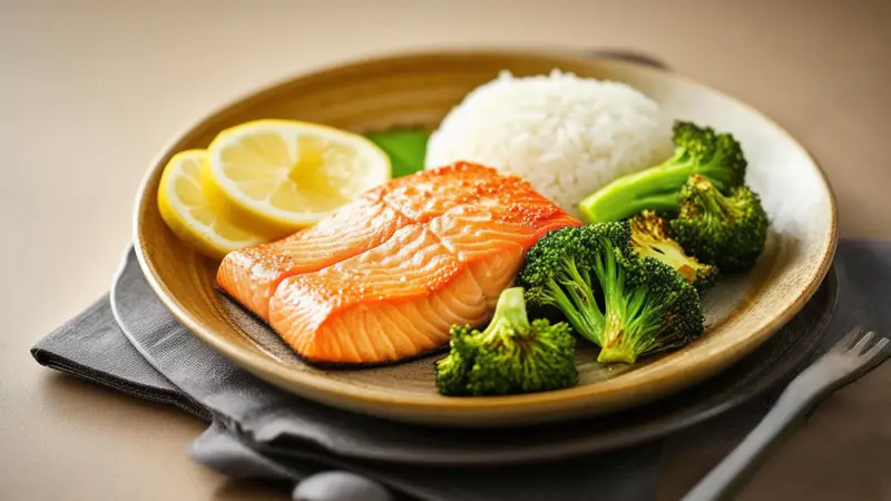 A plate of salmon, rice, broccoli and lemon, the kind of meal Tab scans for calories